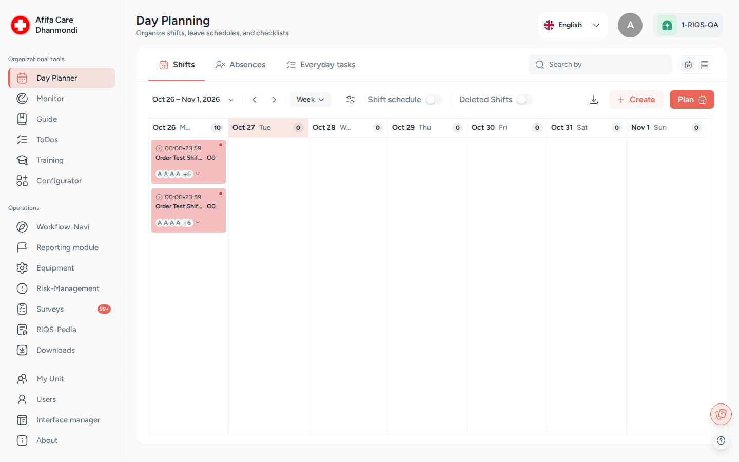 The RIQS screen: left menu, top bar and work area